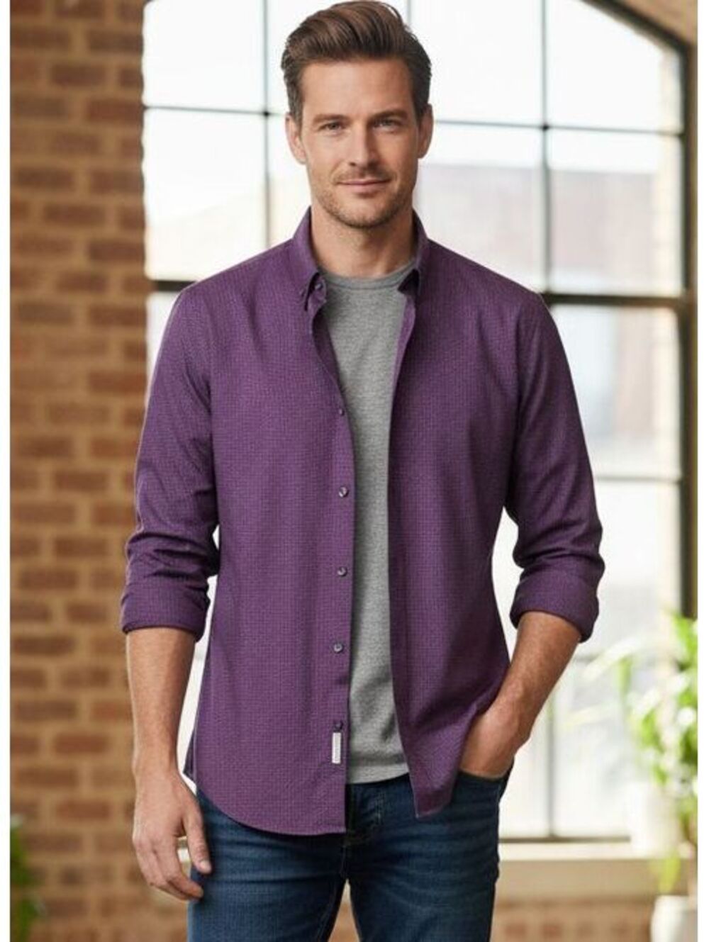 Denver Hayes Men's Purple Dress Shirt SP Small Short Button Up Textured